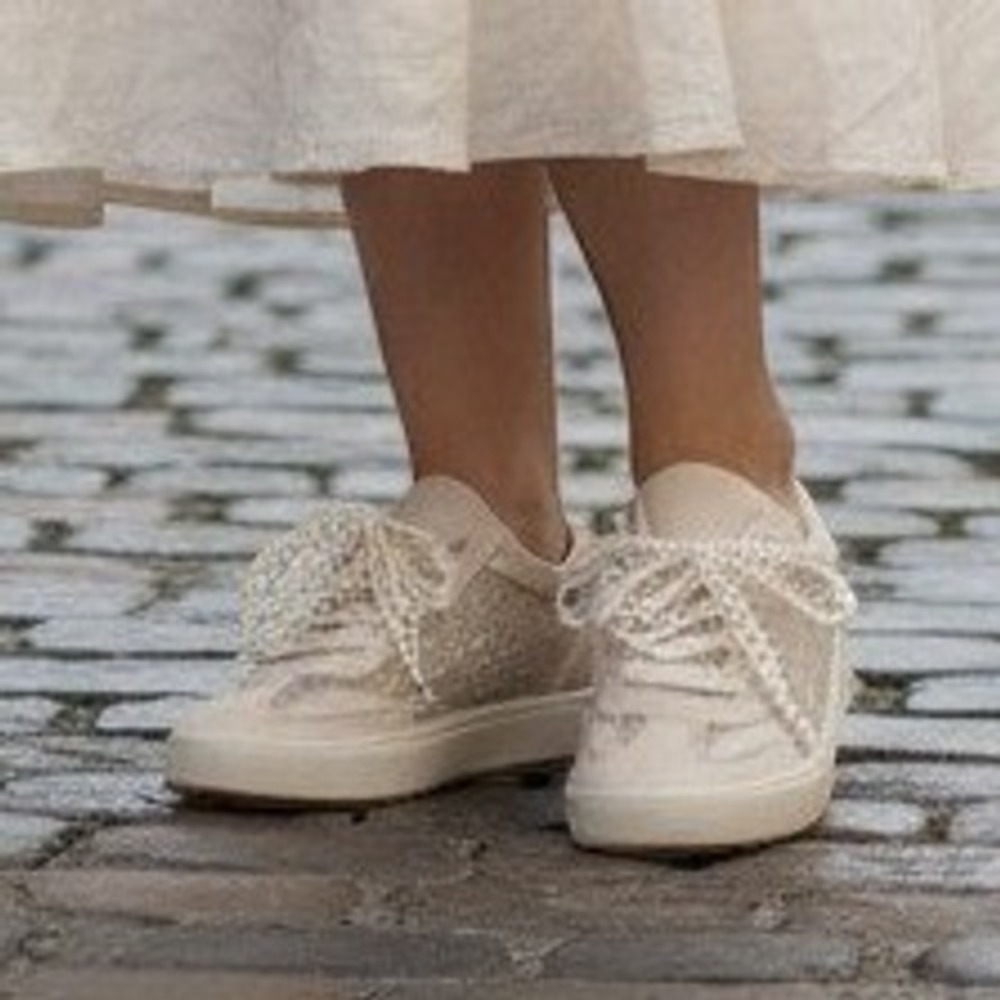 Top Moda Womens Woven Mesh Mule Sneakers with Faux Pearl Bow Accents Slip Ons